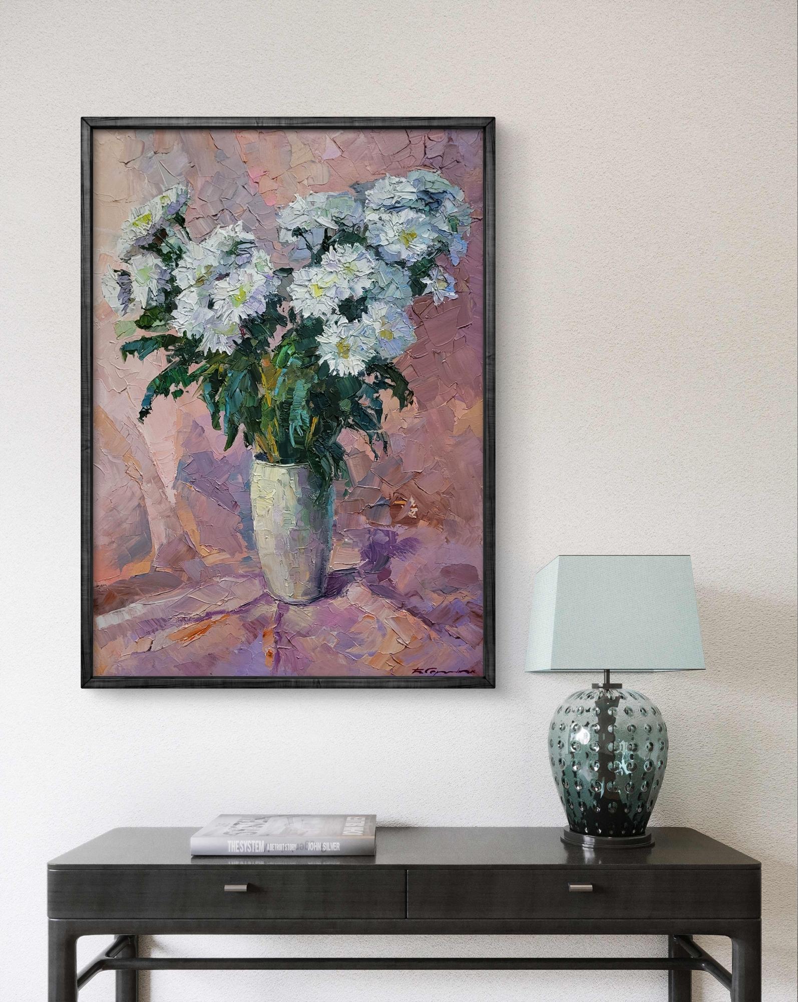Oil painting of Chrysanthemum on pink by Boris Serdyuk with white daisies