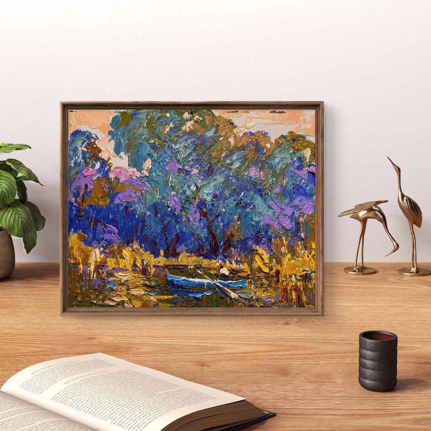Vibrant impressionist oil painting Boating on the River by Oleksiy Ivanyuk in wooden frame