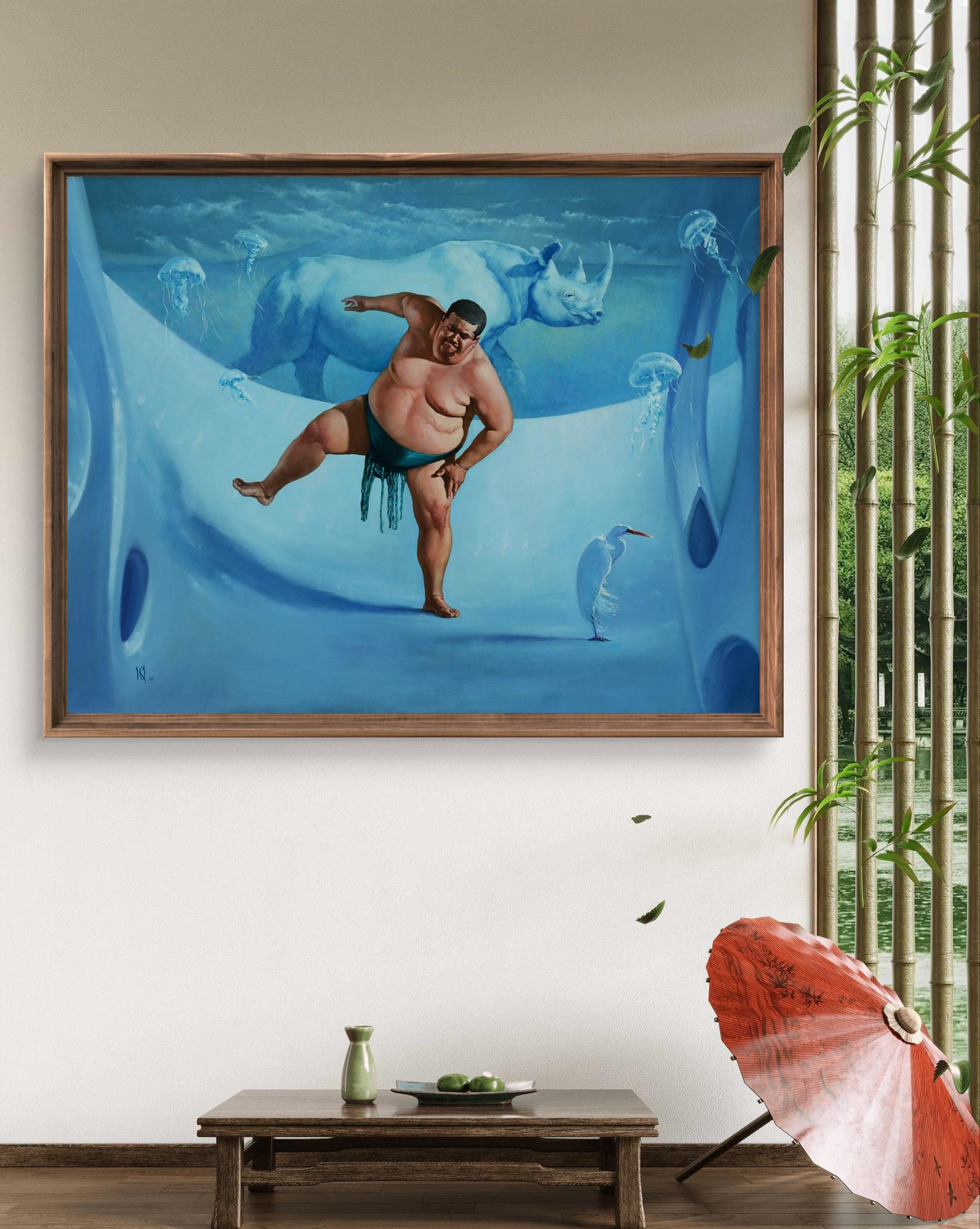 Oil painting of sumo wrestler, jellyfish, rhino, heron by Oleg Kateryniuk