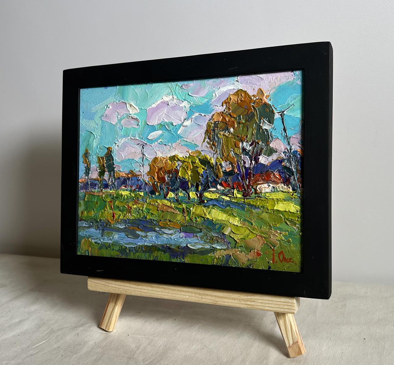 Oil painting Near the village lake by Oksana Ivanyuk in black frame
