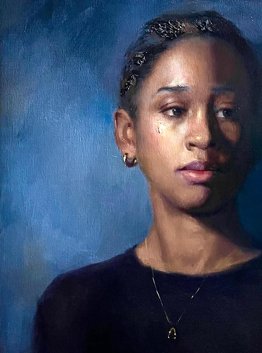Oil painting portrait of Ruby Annam Butt, dark-skinned young woman in ornate headpiece