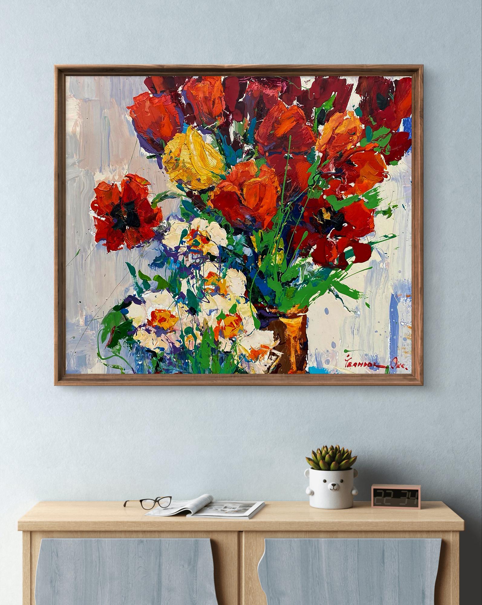Vibrant red tulips oil painting by Oksana Ivanyuk in rustic wooden frame