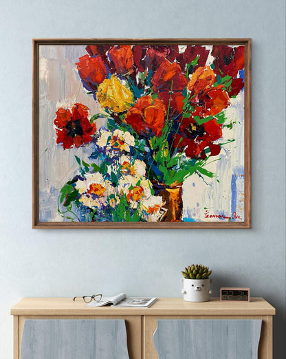 Vibrant red tulips oil painting by Oksana Ivanyuk in rustic wooden frame