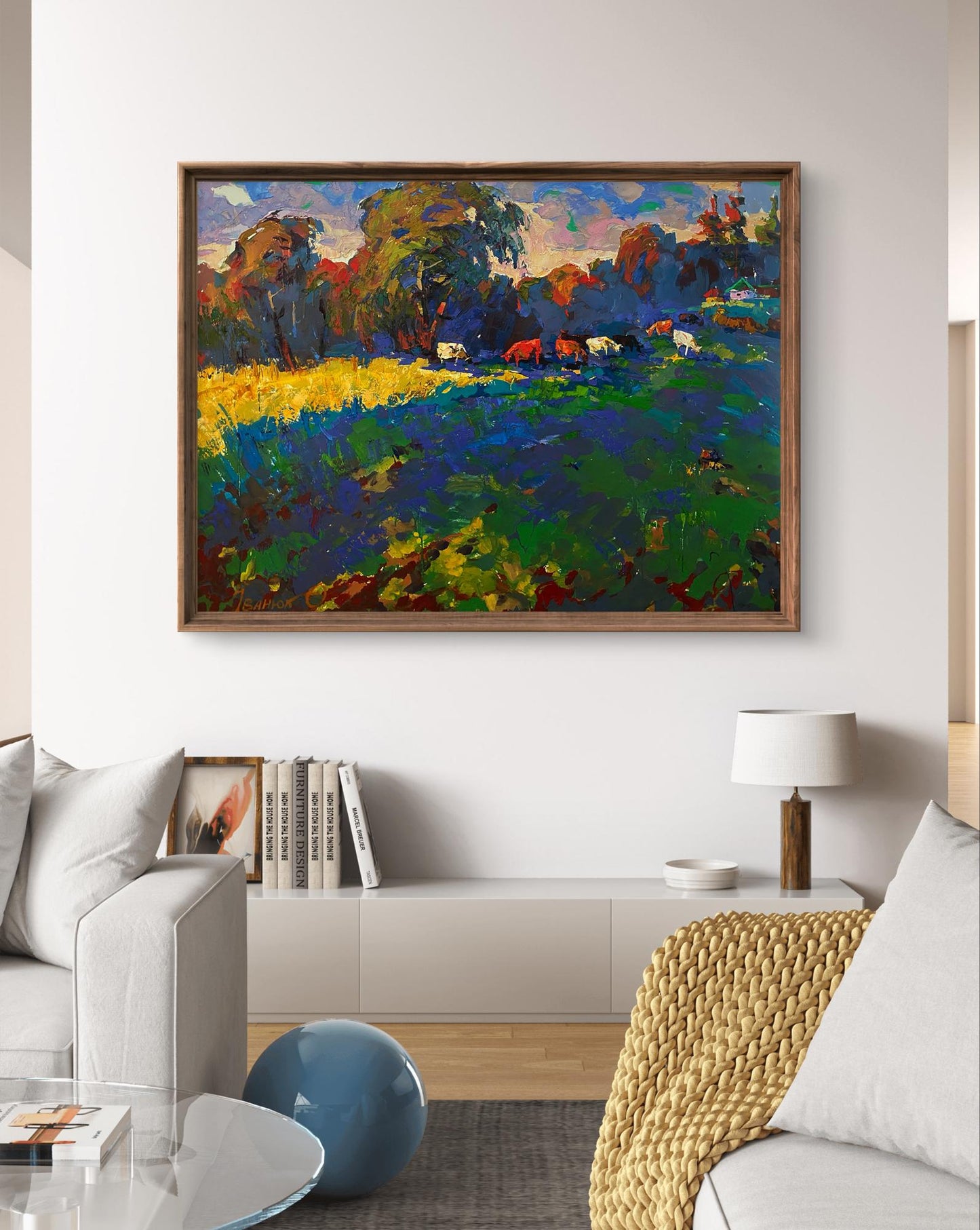 Oil painting Walking cows in the field by Oleksiy Ivanyuk in wooden frame