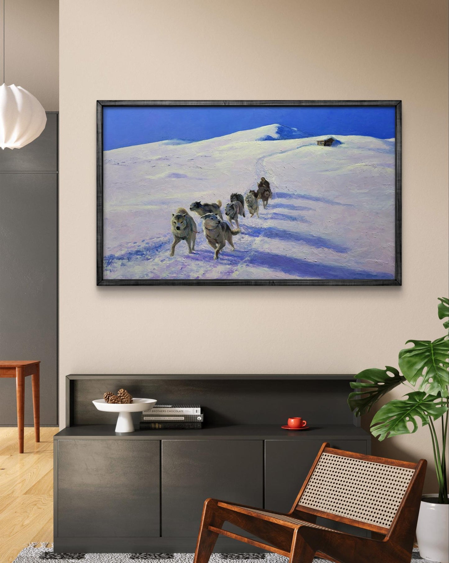 Oil painting of sled dogs in mountains by Boris Serdyuk, framed