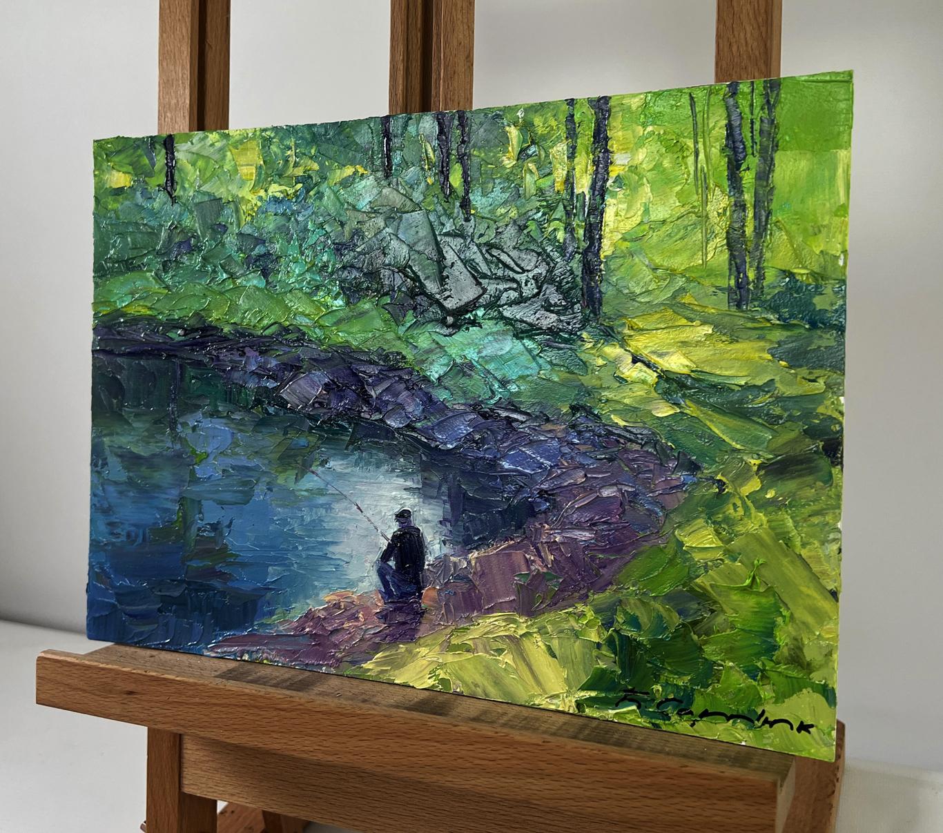 Oil painting Quiet morning by the river by Boris Serdyuk, lone fisherman by stream