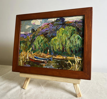 Oil painting Red and blue boat by Oleksiy Ivanyuk with green willows