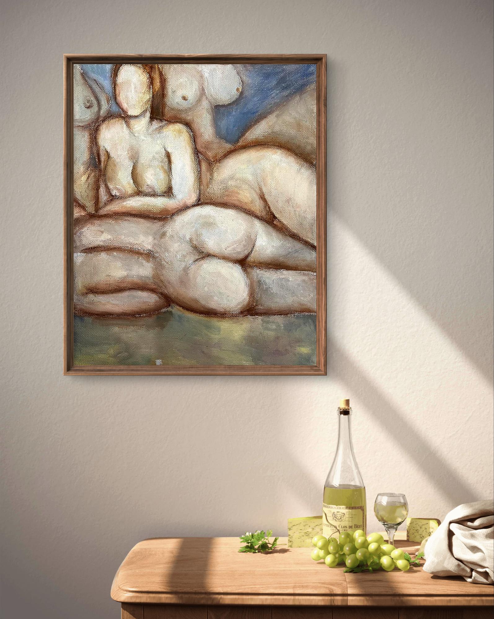 Framed oil painting of relaxing female figures by Tatyana Nikolsk in beige tones