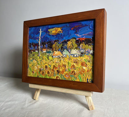Oil painting Village fields Oleksiy Ivanyuk sunflower field in wooden frame