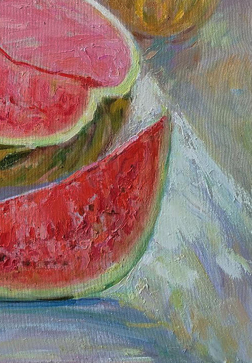 Vibrant oil painting of sliced watermelon by Leonid Pavlenko