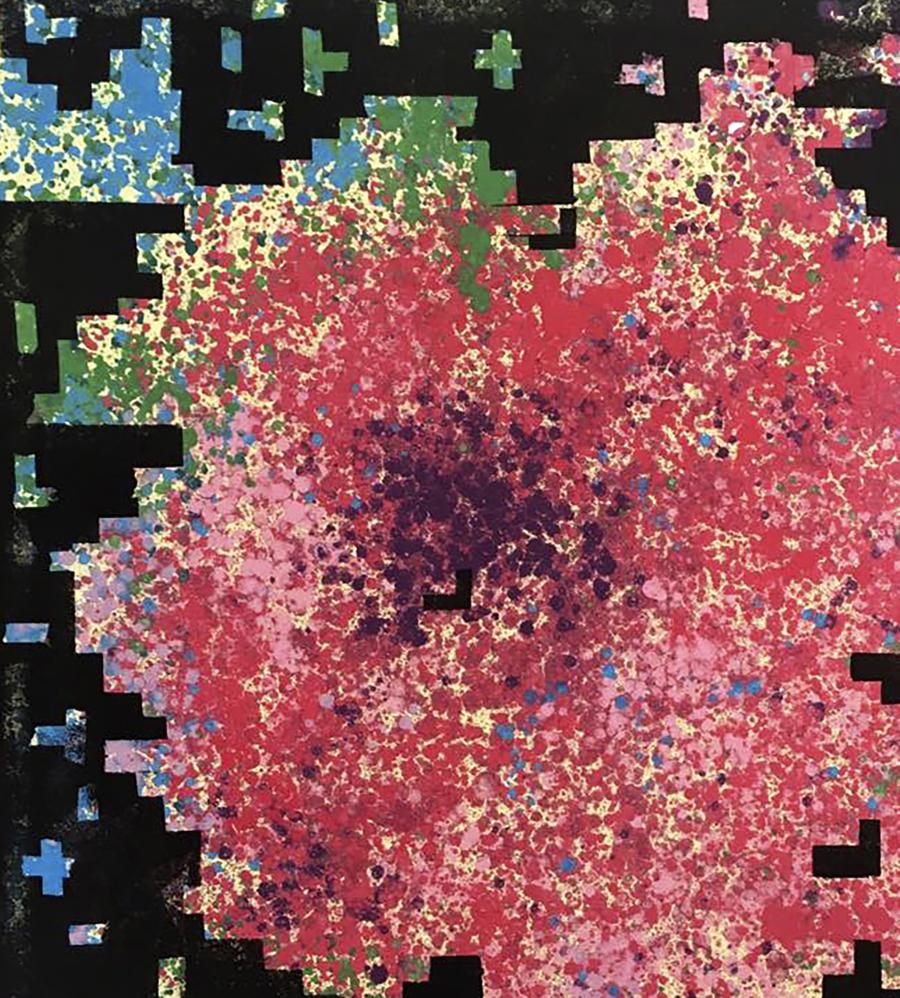 Oil painting Rose in Pixel by Natalia Korf-Ivaniuk, vibrant red burst on black