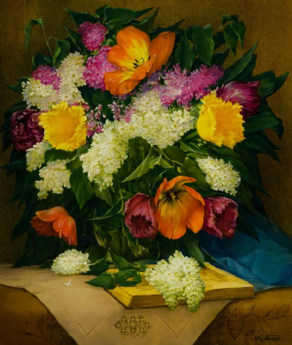 Oil painting of vibrant spring bouquet by Vasily Korkishko