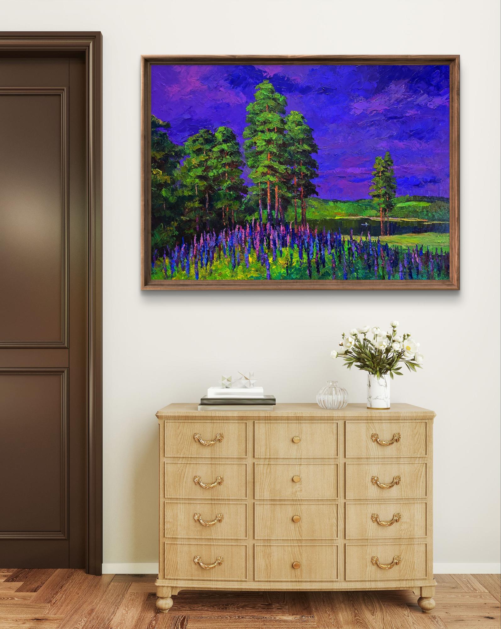 Vibrant purple and green oil painting Flowers near the forest by Boris Serdyuk in wooden frame