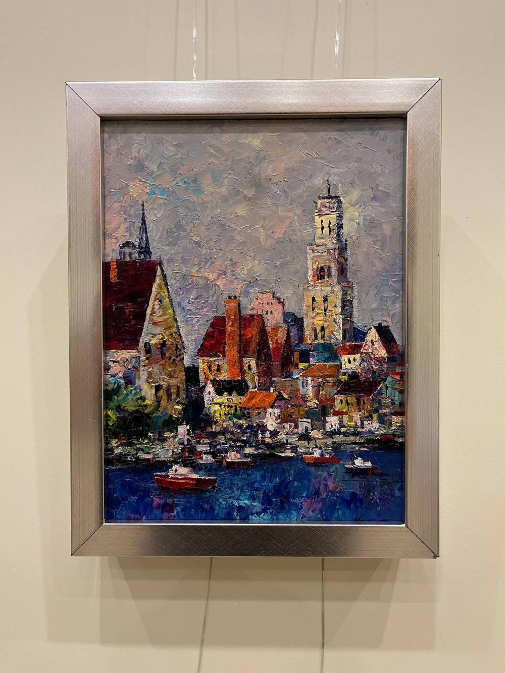 Framed impressionist oil painting of Serhiy Rybak city boats at ferry