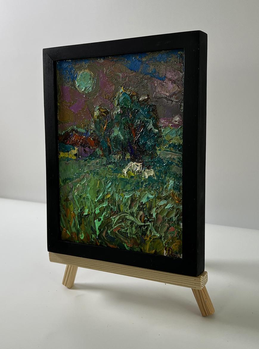 Oleksiy Ivanyuk oil painting: moonlit field in vibrant greens, purples