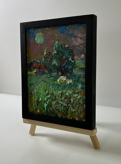 Oleksiy Ivanyuk oil painting: moonlit field in vibrant greens, purples