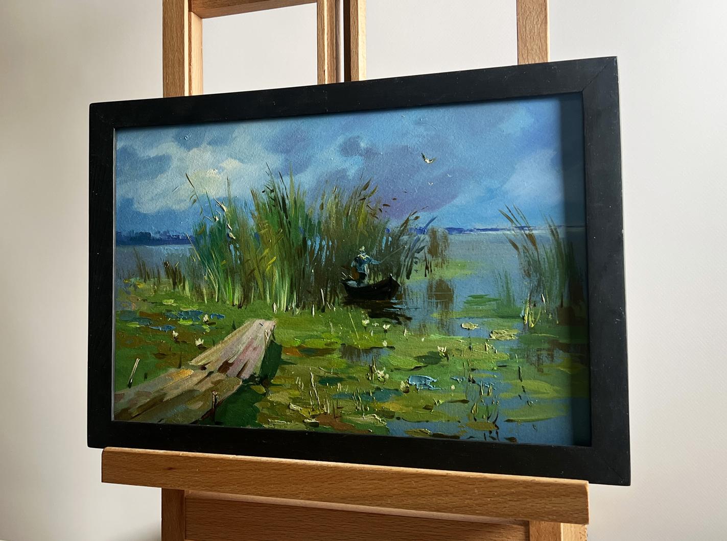 Framed oil painting by Yuriy Suprunchuk: boat near lakeside reeds