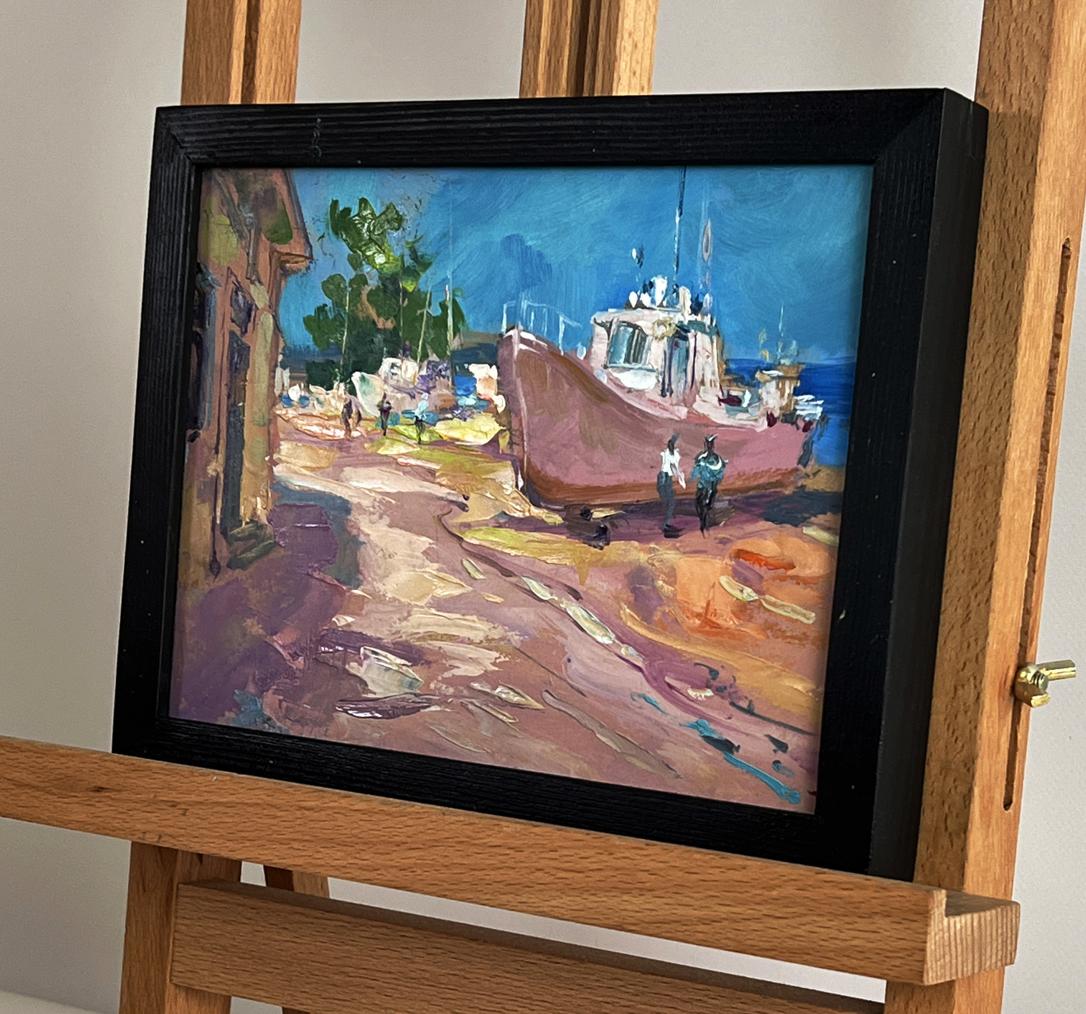 Oil painting The road to the yacht club by Yuriy Suprunchuk in black frame