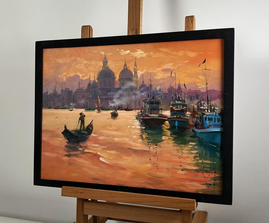 Oil painting of Venetian sunset canal by Yuriy Suprunchuk in black frame