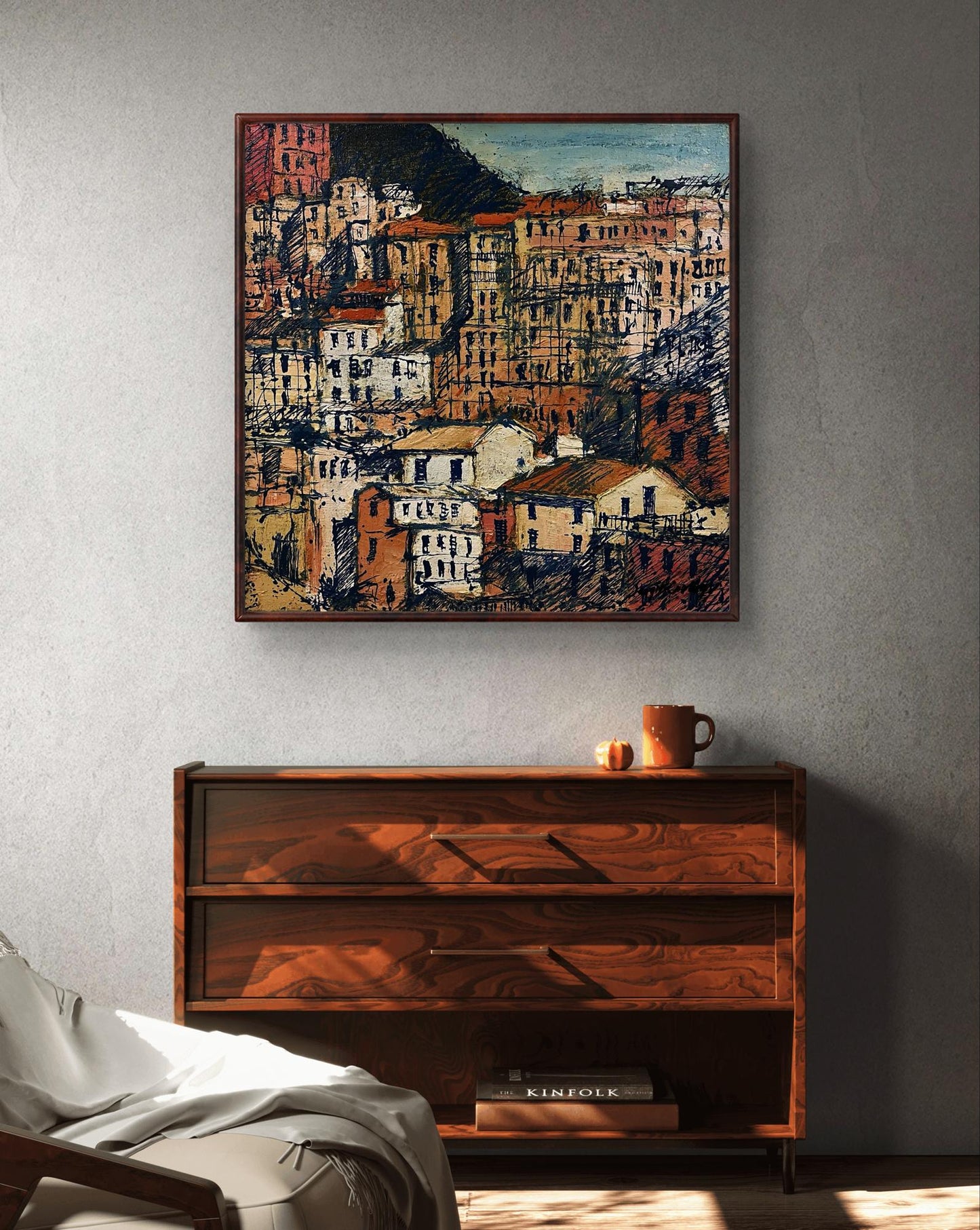 Framed oil painting by Serhiy Kovalev: abstract hillside town in warm earthy tones