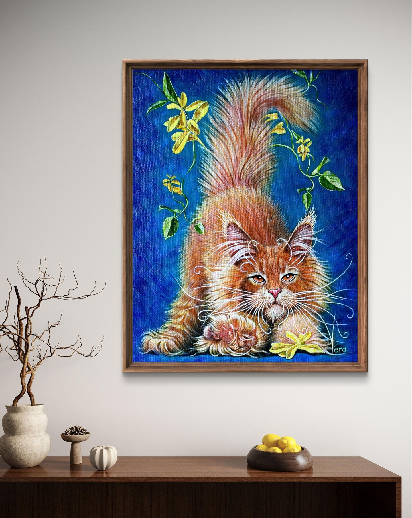 Oil painting Lapusic sorcerer Vira Goncharenko: fluffy orange cat with yellow flowers