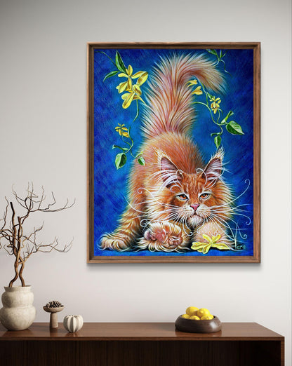 Oil painting Lapusic sorcerer Vira Goncharenko: fluffy orange cat with yellow flowers