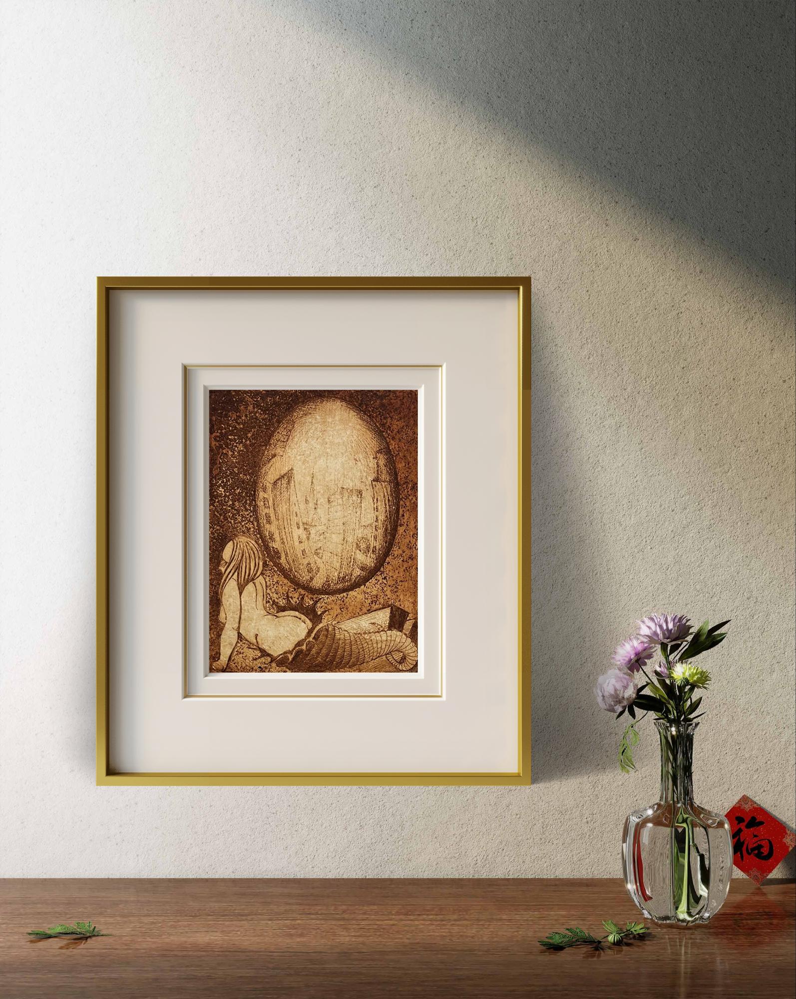 Framed etching Morning by Oleksandr Zhmailo, sepia figure by egg