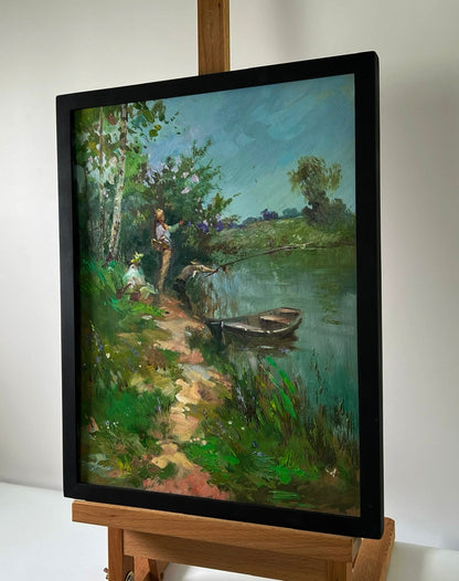 Oil painting Fishermen on the shore by Yuriy Suprunchuk, serene riverside scene