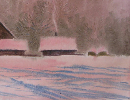 Snow-covered houses with pink roofs by Valery Savenets watercolor