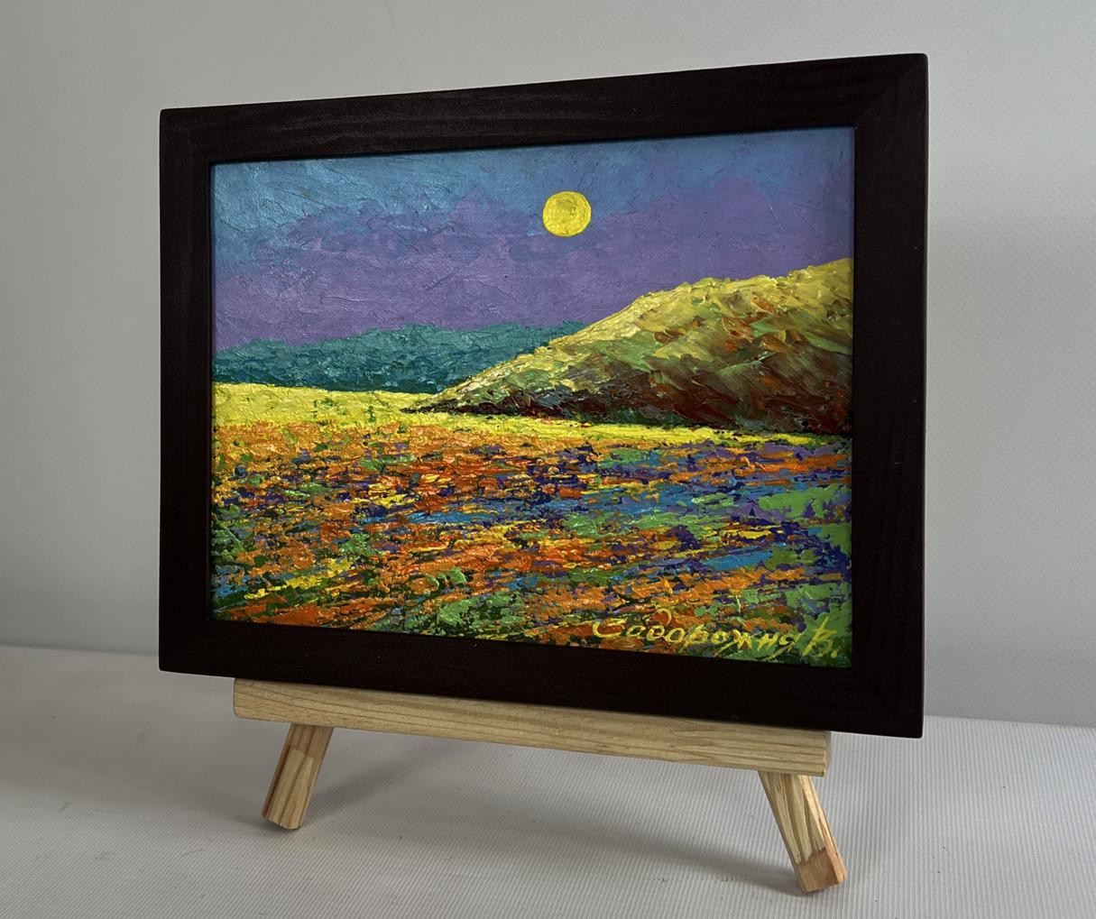 Oil painting Pink sunset in the field V. Zadorozhnya in black frame