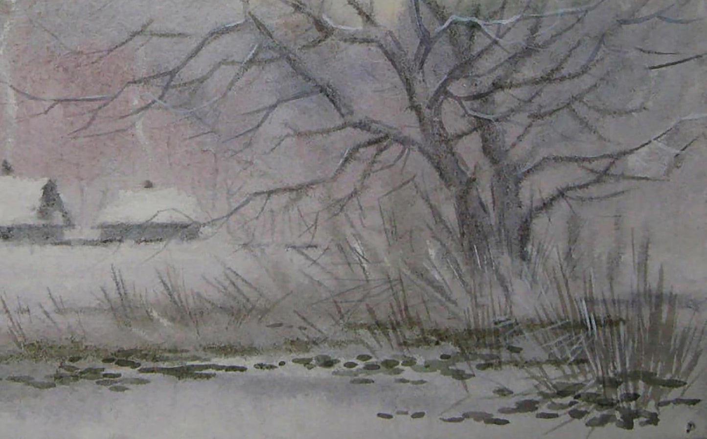 Watercolor winter village painting by Valery Savenets, snowy landscape