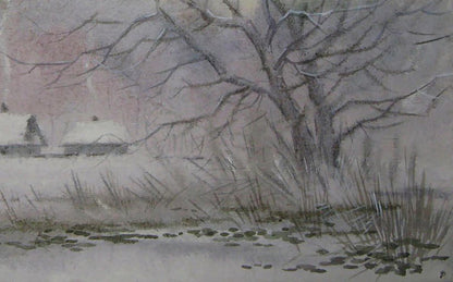 Watercolor winter village painting by Valery Savenets, snowy landscape