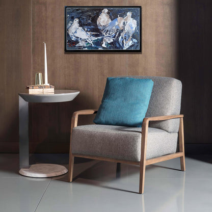 Gray upholstered armchair with wooden frame, teal cushion, Oil painting Under the wings Volodymyr Gluhomanyuk