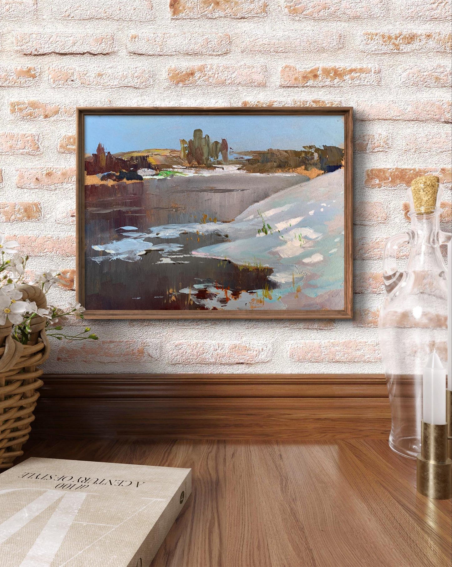 Framed oil painting Thawed River by Yuriy Suprunchuk, serene winter landscape
