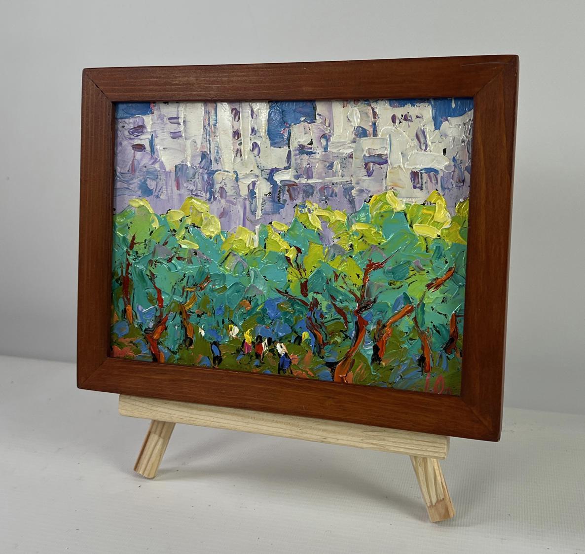 Oil painting Spring in the city by Oleksiy Ivanyuk, vibrant green tree scene
