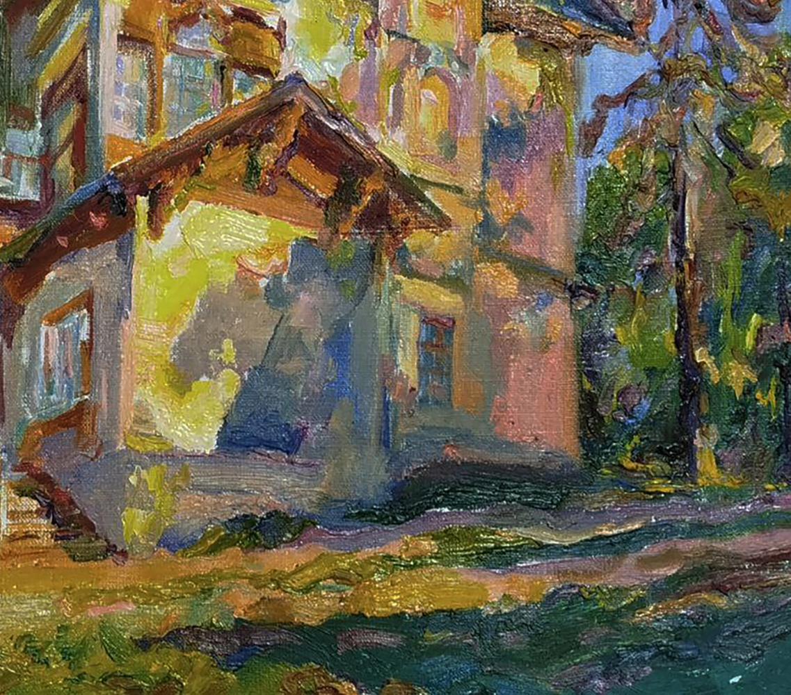 Vibrant impressionist oil painting of east side house porch by Leonid Pavlenko