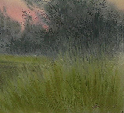Watercolor painting Before the Rain by Valery Savenets: field with tall grass