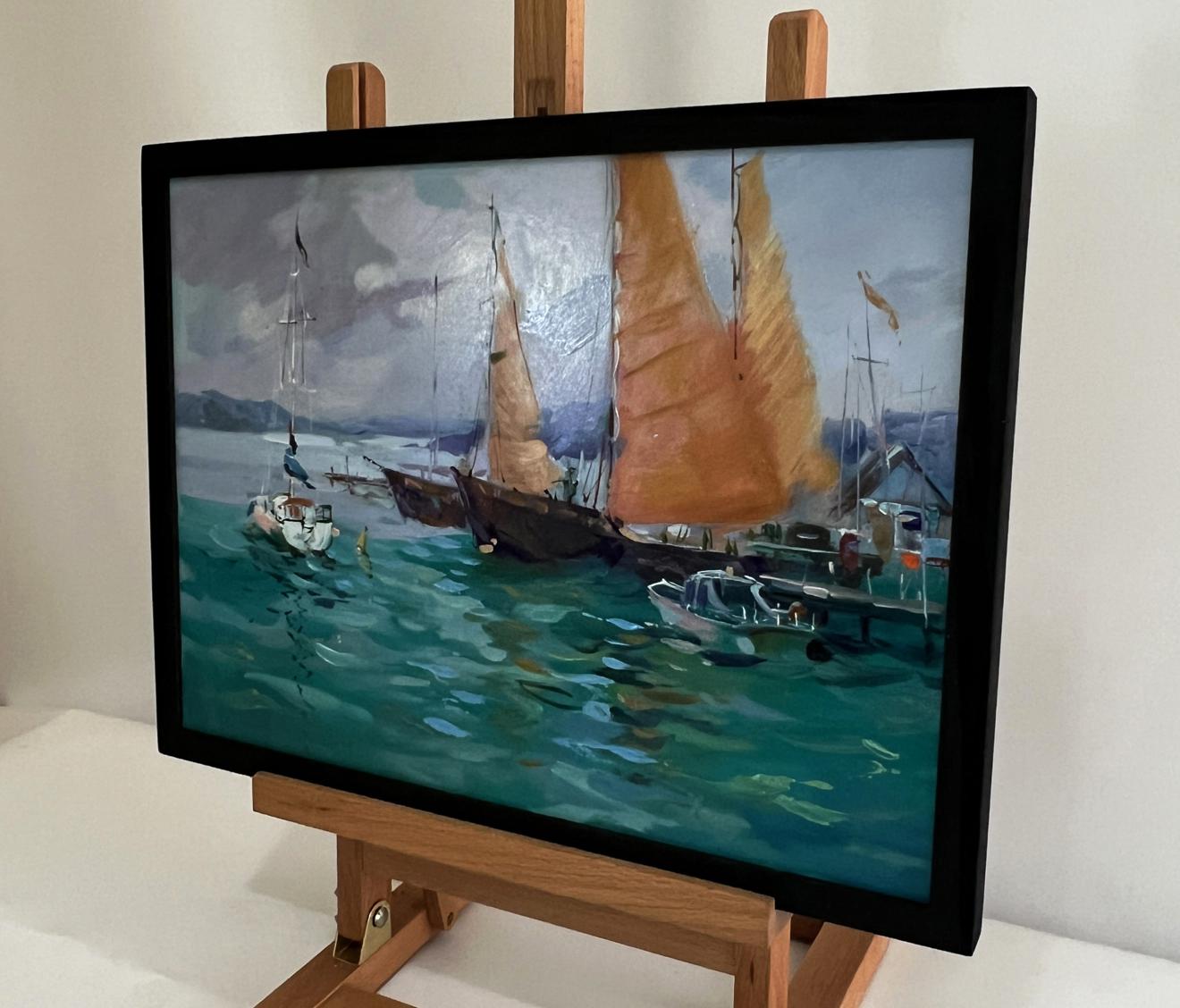 Framed oil painting Sea ships at the pier by Yuriy Suprunchuk on teal water