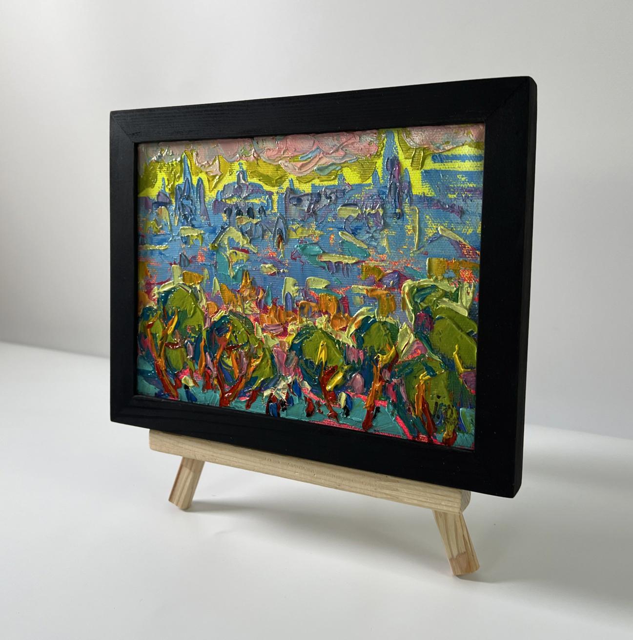 Oil painting Dynamics of the Solar City by Oleksiy Ivanyuk in black frame