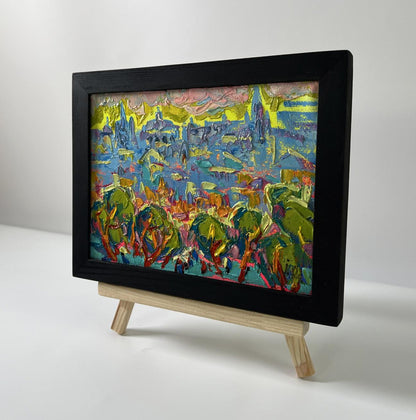 Oil painting Dynamics of the Solar City by Oleksiy Ivanyuk in black frame