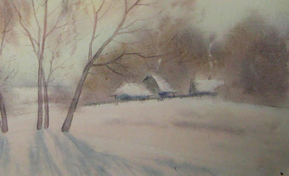 Watercolor painting of snowy winter morning landscape by Valery Savenets