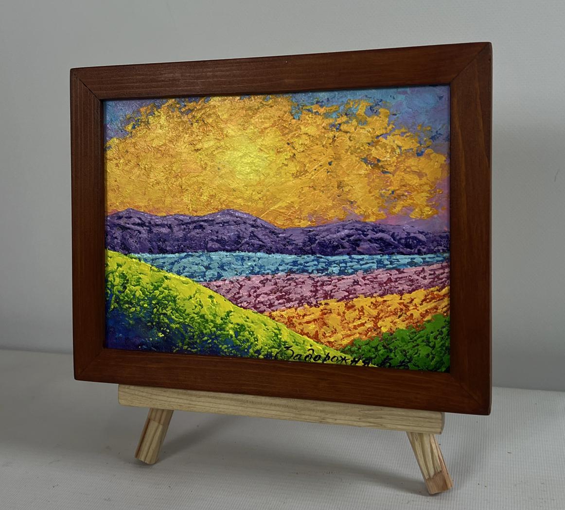 Oil painting of summer flower fields and sunset by V. Zadorozhnya in wooden frame