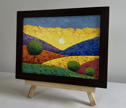 Oil painting Flaming mountain peaks V. Zadorozhnya in dark wooden frame