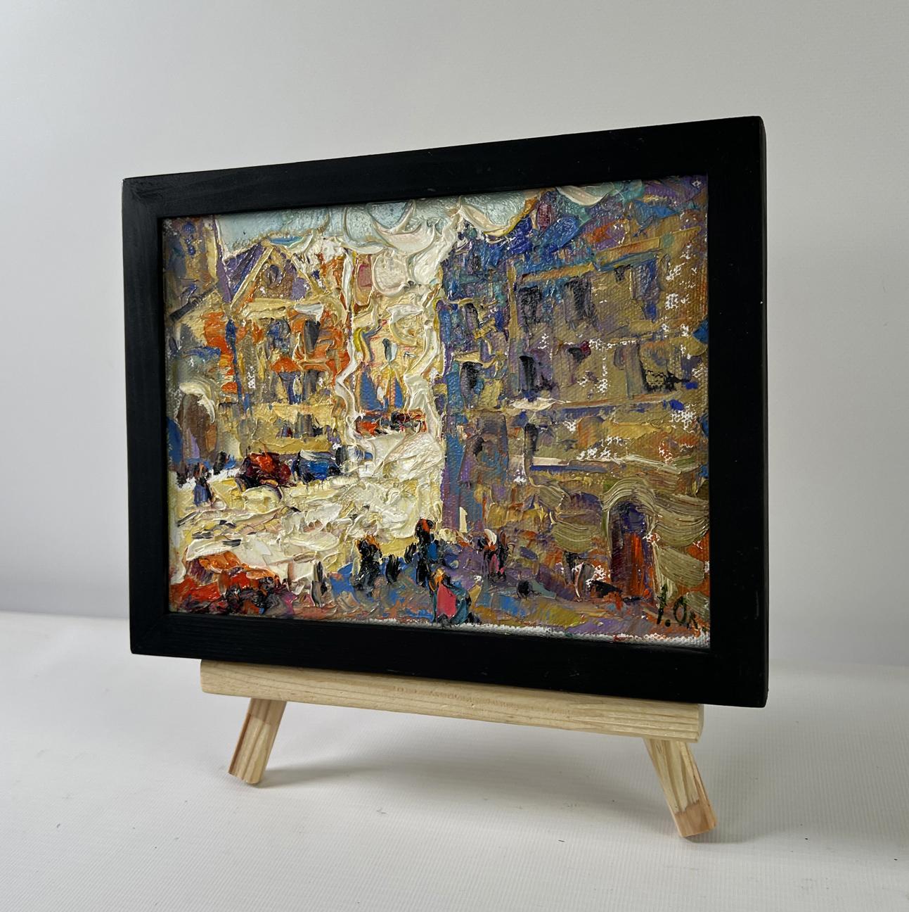Oil painting Twilight Over the City by Oleksiy Ivanyuk in black frame
