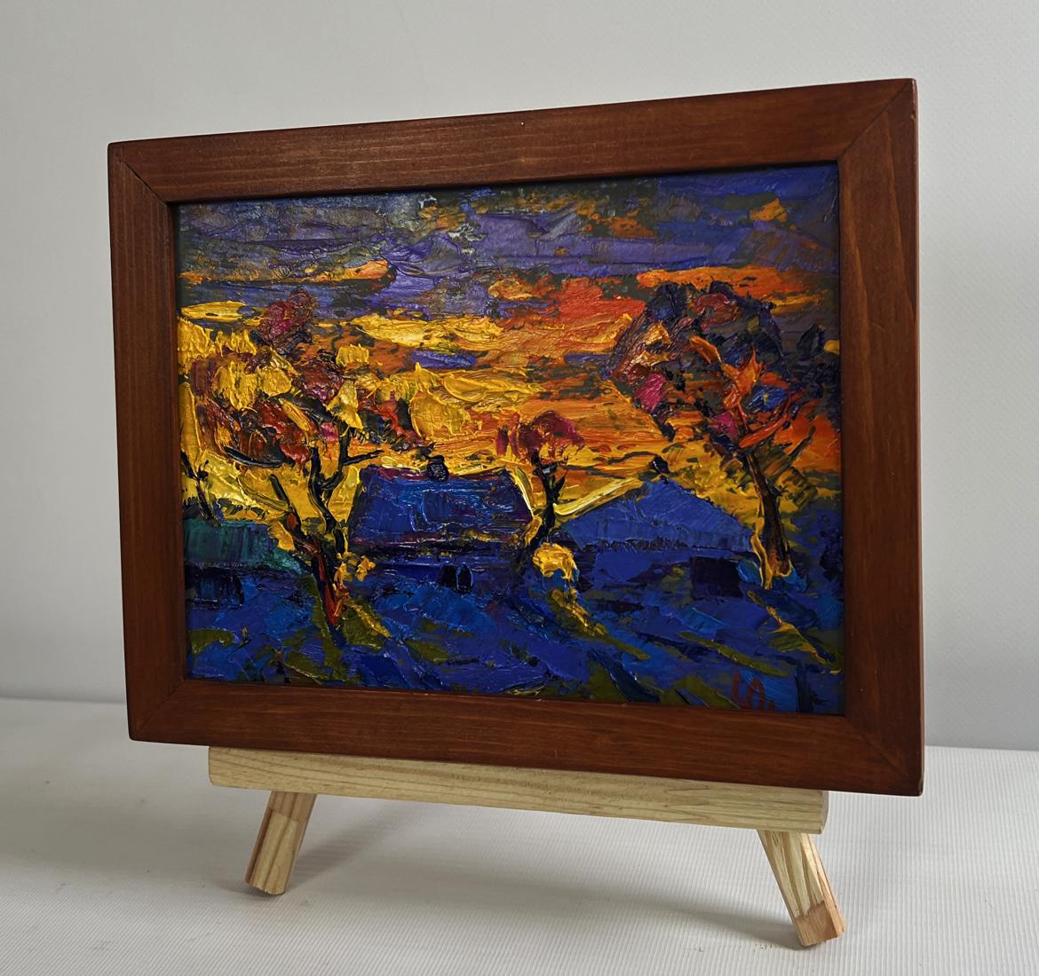 Oil painting A blazing evening in the village by Oleksiy Ivanyuk in brown frame
