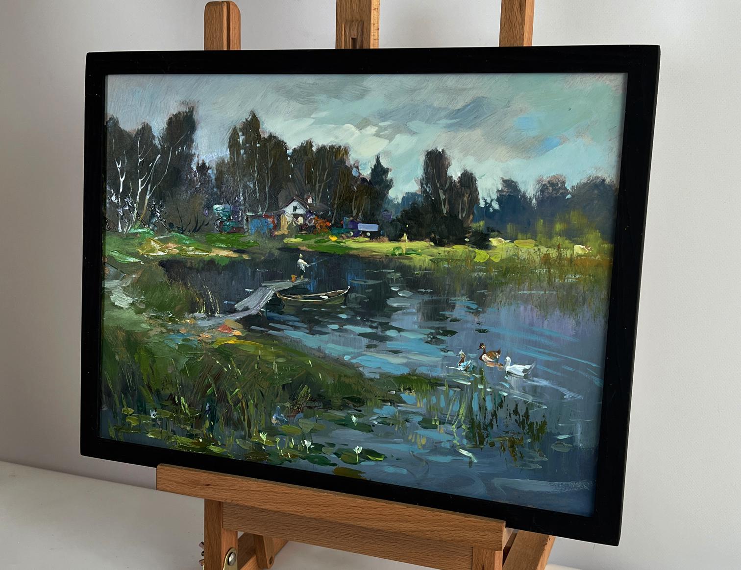 Framed oil painting of rural grey river with ducks by Yuriy Suprunchuk