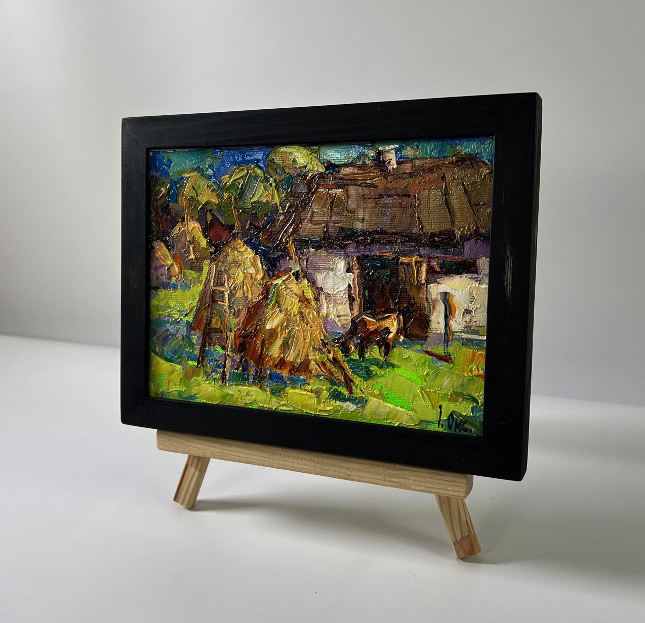 Oil painting Quiet village days by Oksana Ivanyuk in black frame