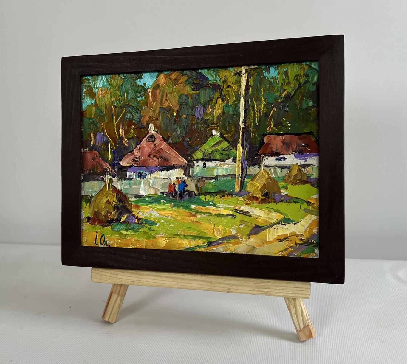 Oil painting by Oleksiy Ivanyuk: village bench scene in rustic frame