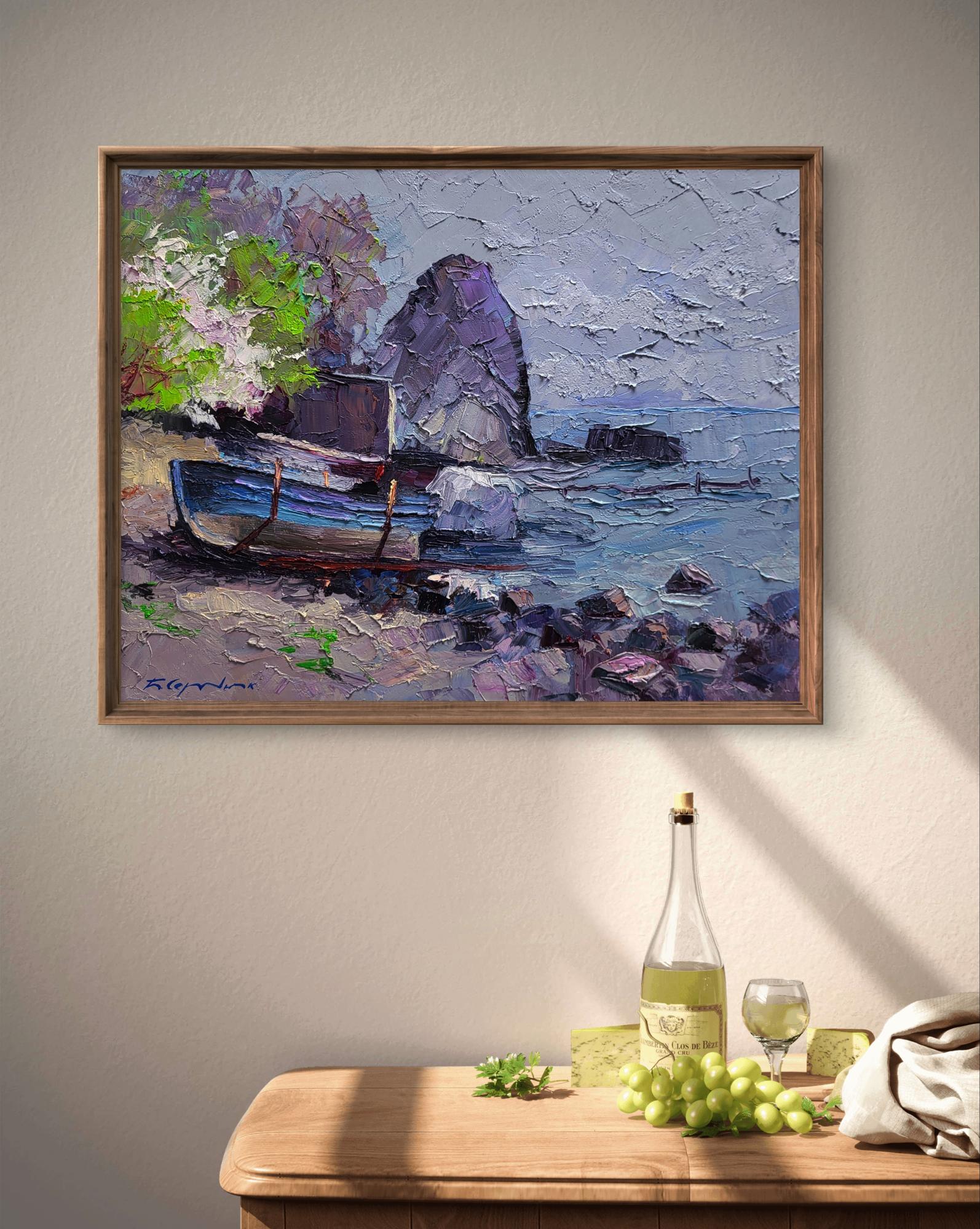 Oil painting Calm of a sea morning by Boris Serdyuk in light wood frame