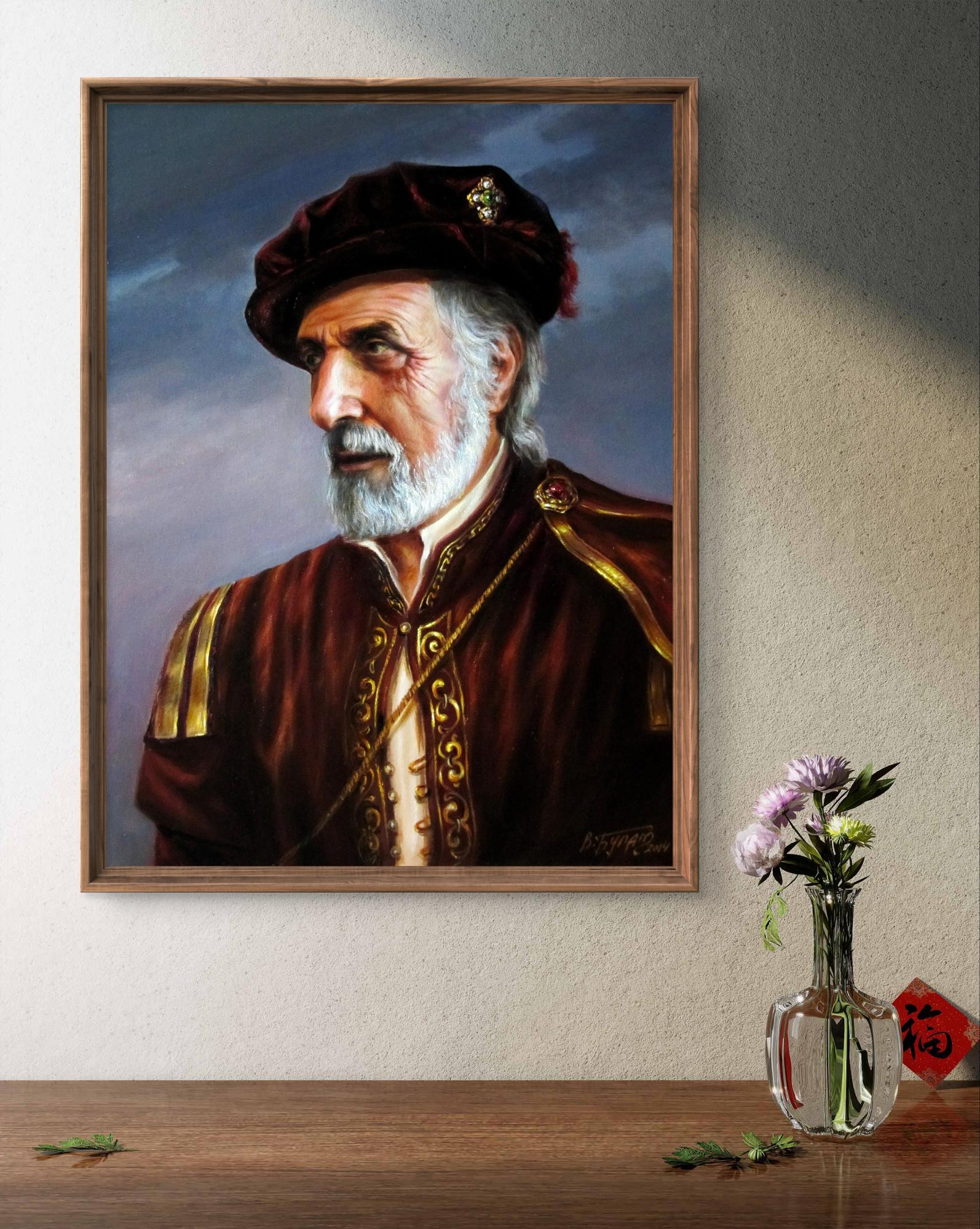 Oil painting The Merchant of Venice Valeriy Bulat bearded man in red gold attire